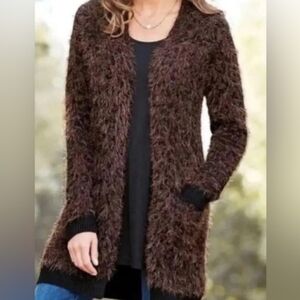 Soft Surroundings Brown Fuzzy Leopard Print Cardigan, Size L